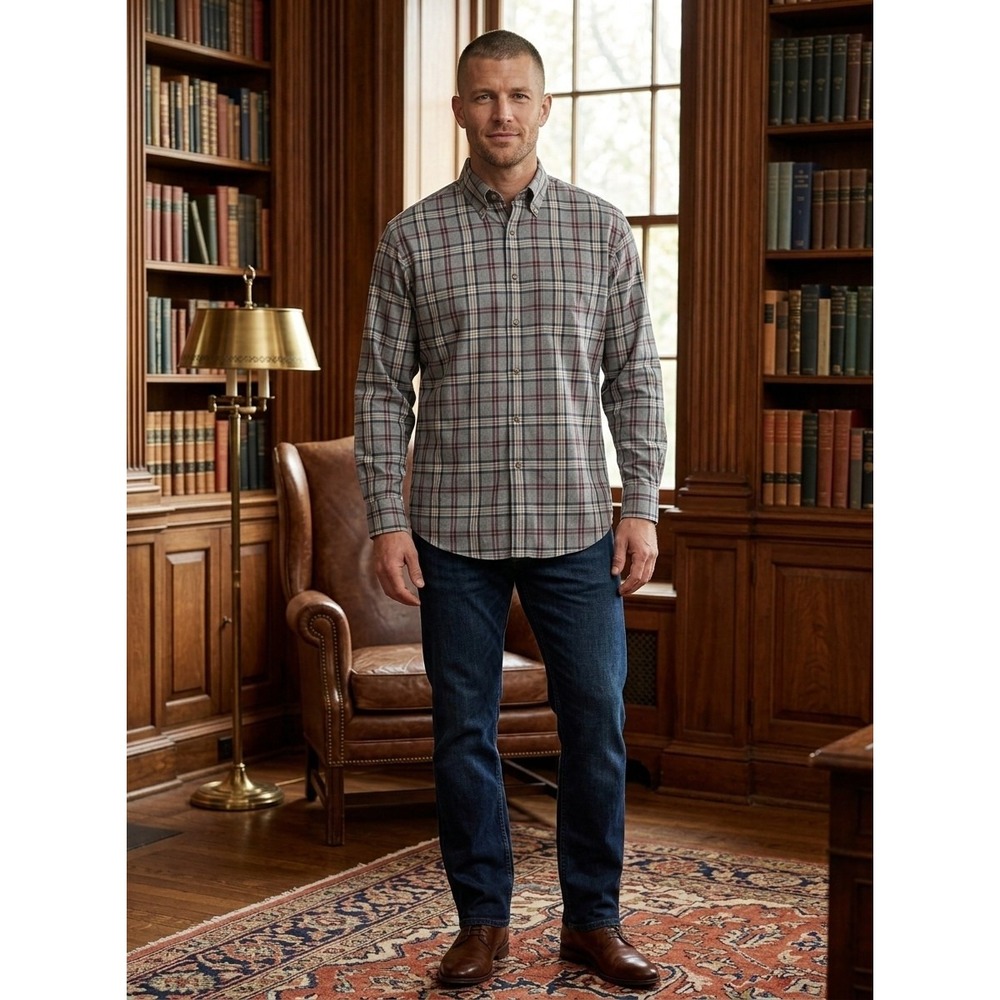 Brooks Brothers Madison Plaid Shirt Mens XL Grey Burgundy Supima Cotton Non-Iron